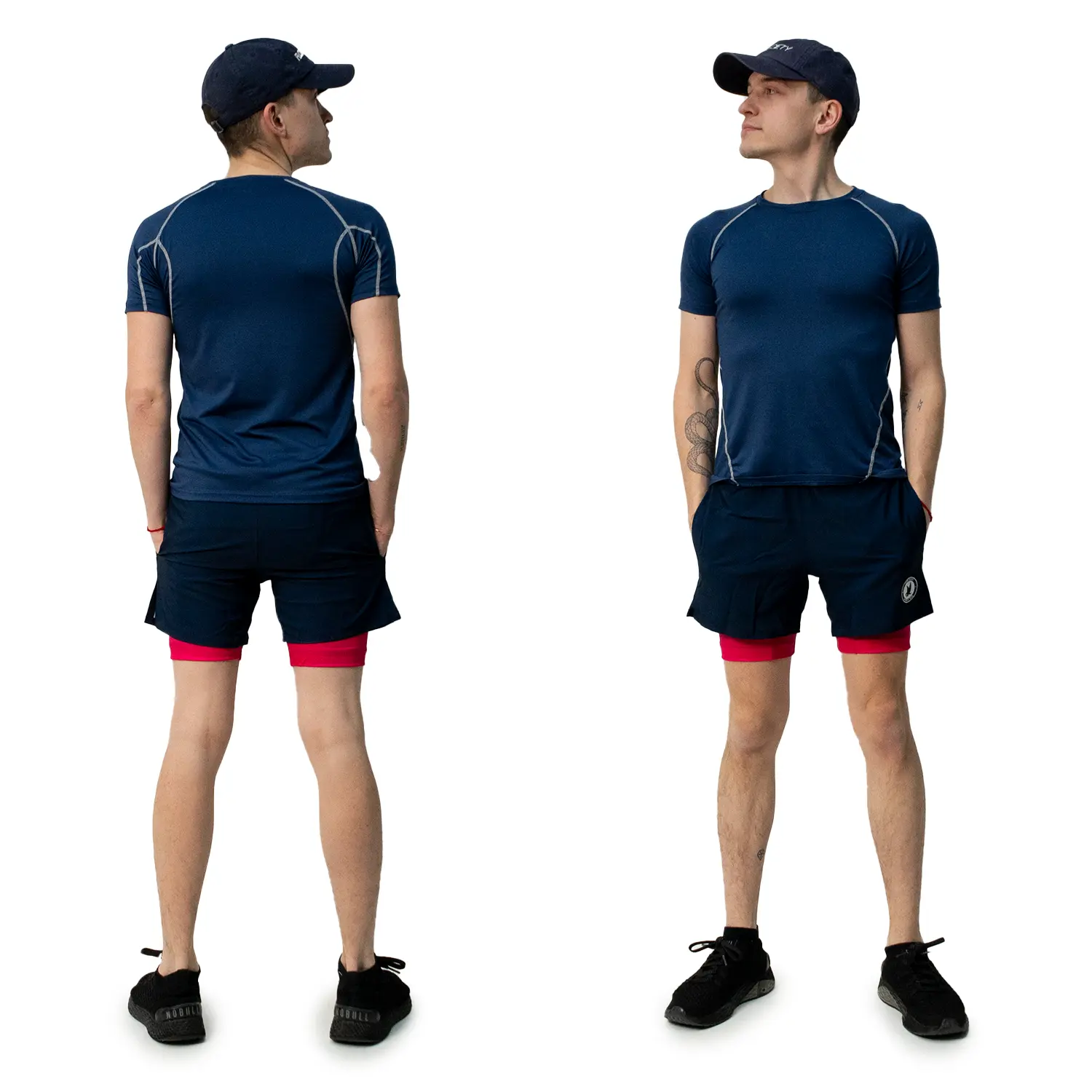 Mens 2-1 Solid Compression Navy with Neon Pink Liner 7" Short - Image 4